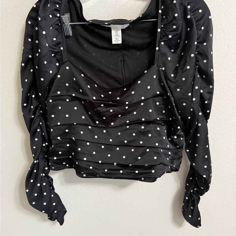 Square neck puff sleeves Black Polka Dot Women's Top